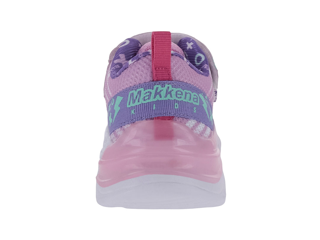 Tenis deportivos para niña en tonos rosa y morado con suela blanca y ajuste de velcro.