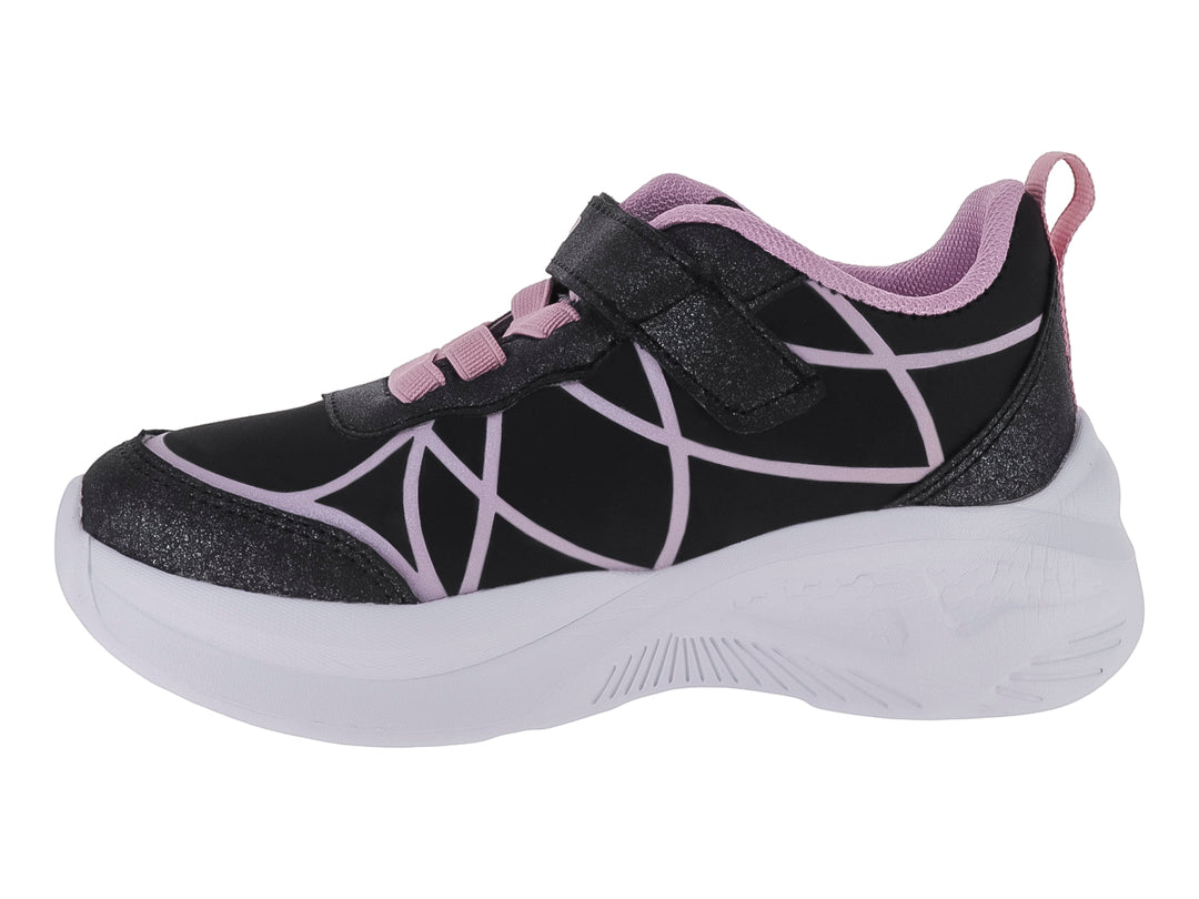 Tenis deportivos para niña color negro con detalles en rosa y suela blanca.