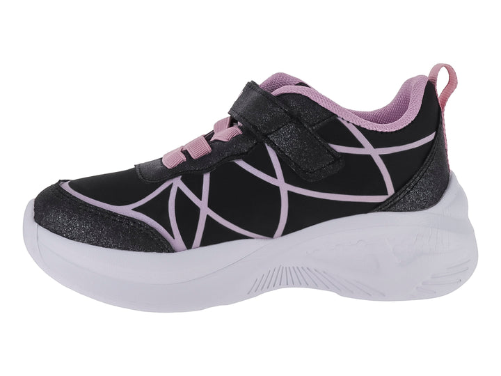 Tenis deportivos para niña color negro con detalles en rosa y suela blanca.