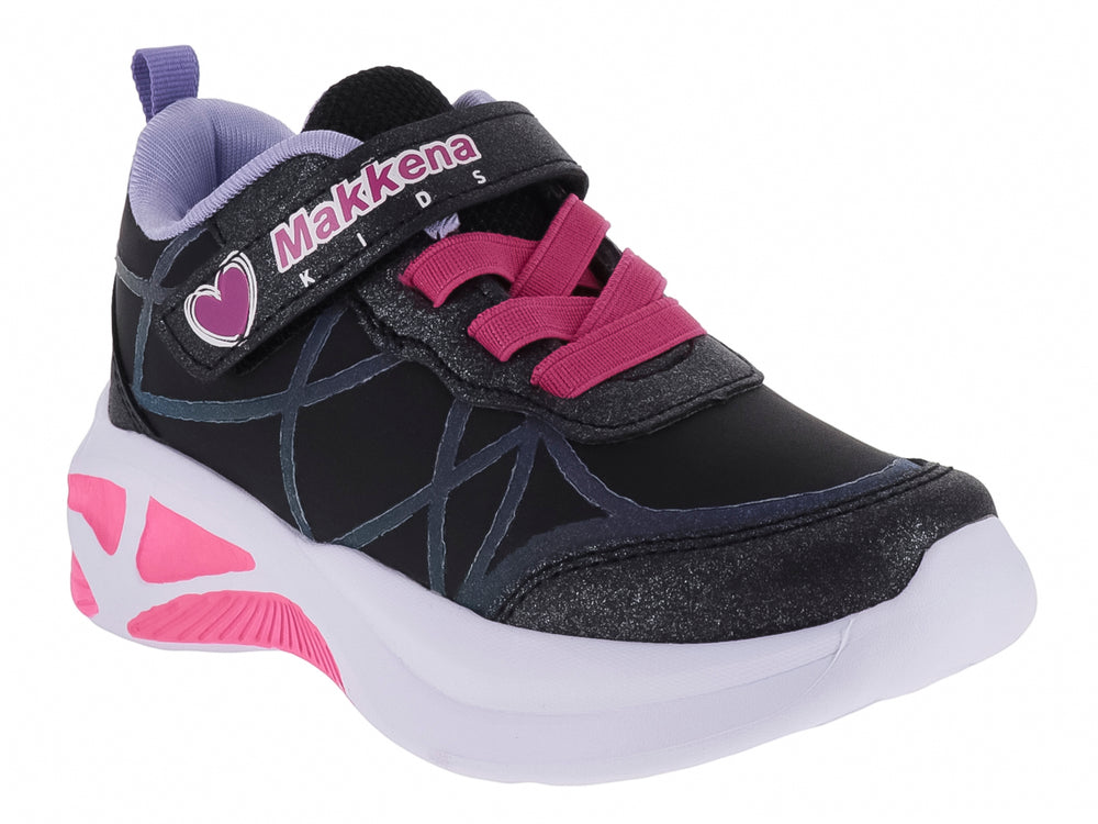 Tenis deportivos para niña en color negro con detalles en rosa y suela blanca.