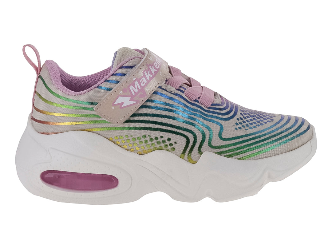 Tenis deportivos infantiles multicolor con suela blanca gruesa y cierre de velcro rosa.
