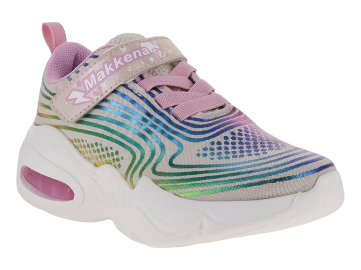 Tenis deportivos infantiles multicolor con suela blanca gruesa y cierre de velcro rosa.