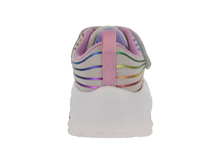 Tenis deportivos infantiles multicolor con suela blanca gruesa y cierre de velcro rosa.