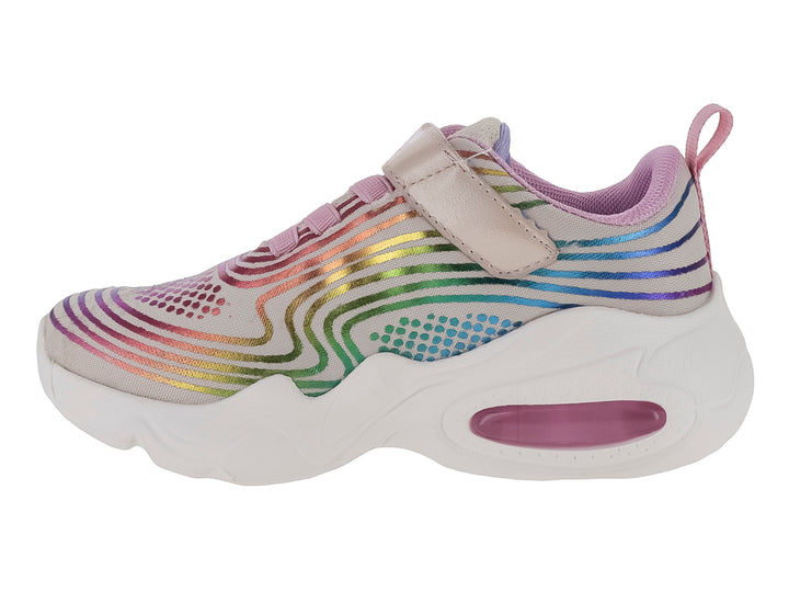 Tenis deportivos infantiles multicolor con suela blanca gruesa y detalles en rosa.