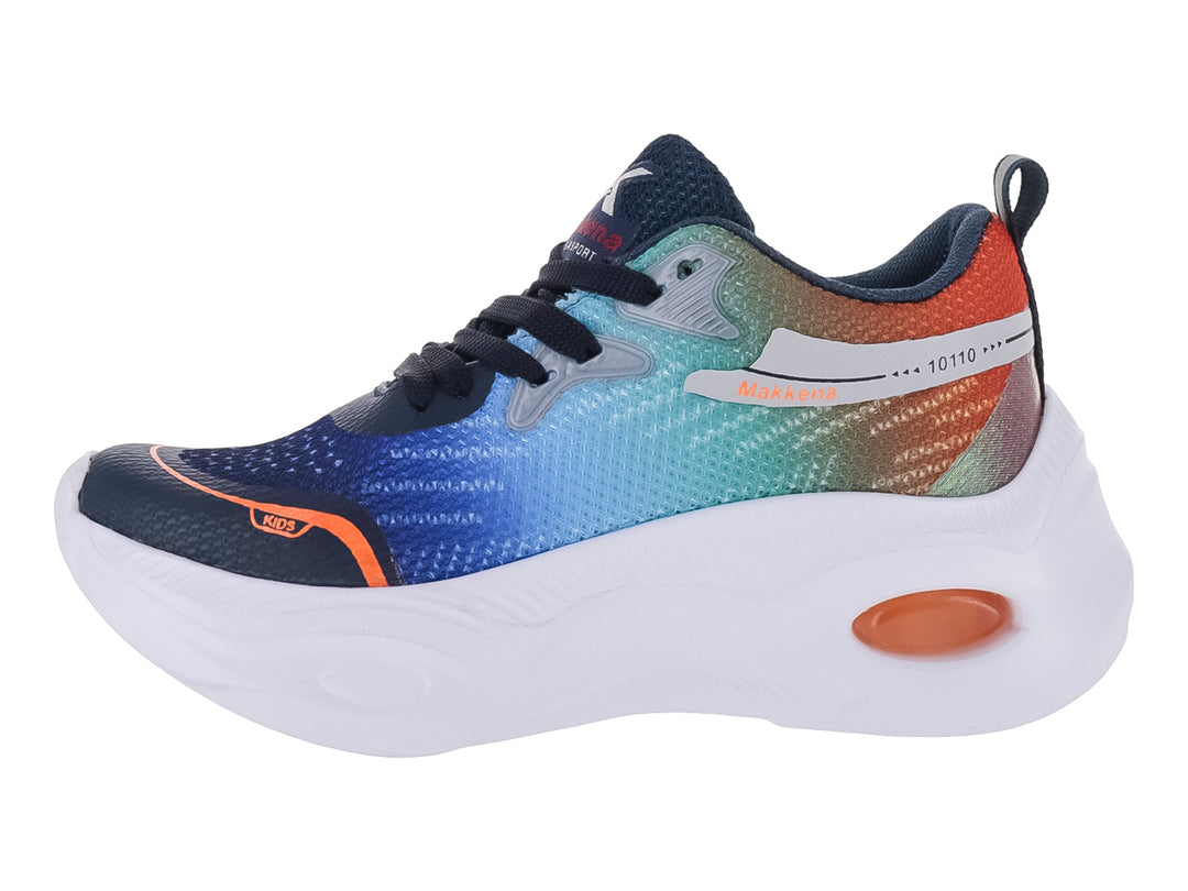 Tenis deportivos infantiles con diseño en degradado de colores y suela blanca gruesa.
