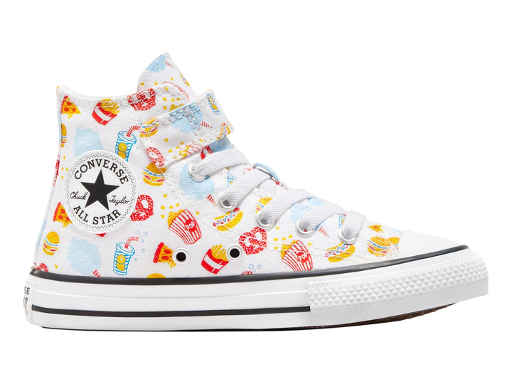Tenis Converse Chuck Taylor All Star blancos con estampado colorido de snacks y comida rápida para niño o niña.
