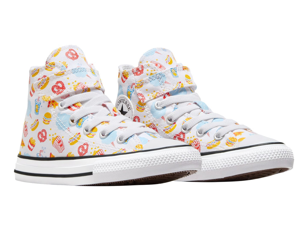 Tenis Converse Chuck Taylor All Star blancos con estampado colorido de snacks y comida rápida para niño o niña.