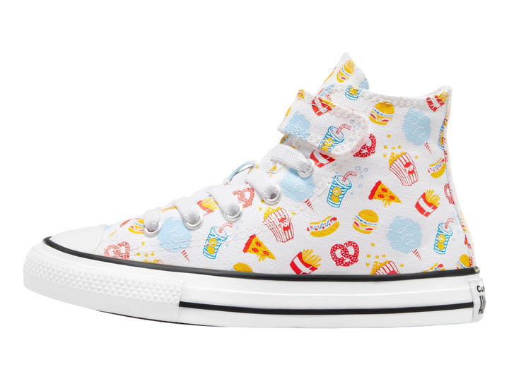 Tenis Converse Chuck Taylor All Star blancos con estampado colorido de snacks y comida rápida para niño o niña.