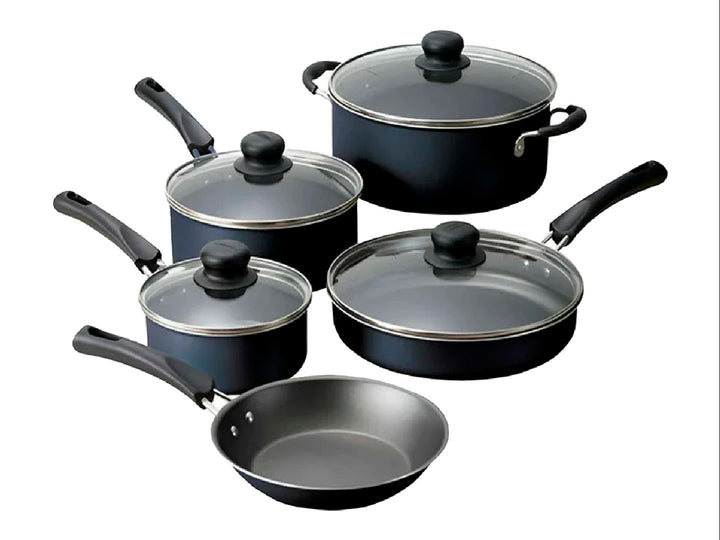 Batería de cocina Tramontina azul de 9 piezas con tapas de vidrio y mangos negros.