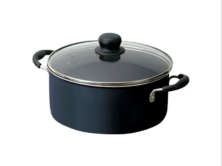 Batería de cocina Tramontina azul de 9 piezas con tapas de vidrio y mangos negros.