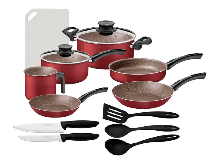 Set de batería de cocina Tramontina color rojo con mango negro, incluye ollas, sartenes y utensilios.