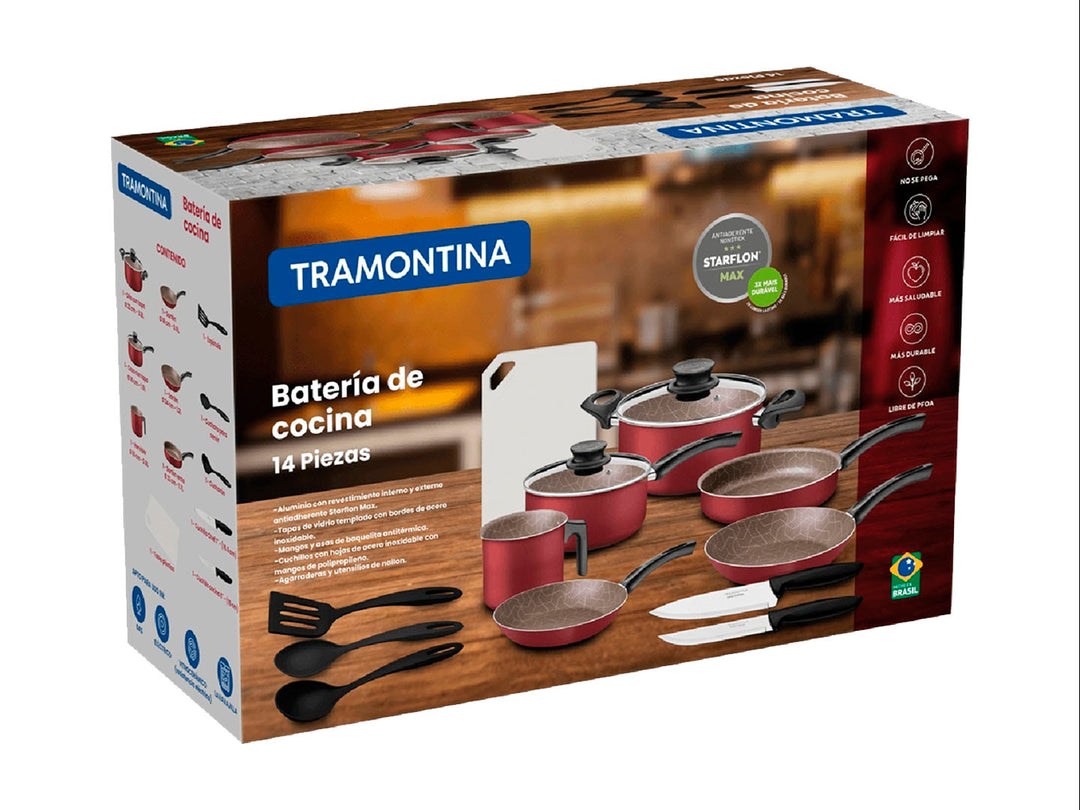 Set de batería de cocina Tramontina color rojo con mango negro, incluye ollas, sartenes y utensilios.