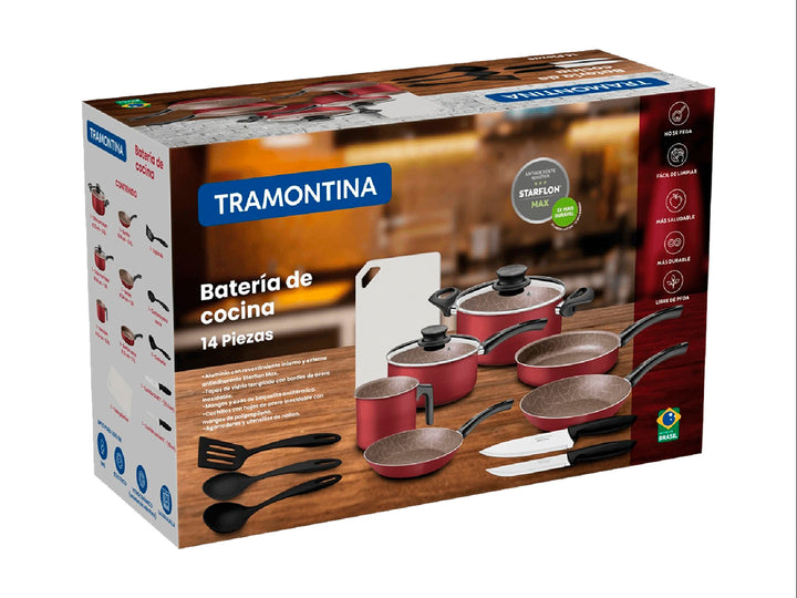 Set de batería de cocina Tramontina color rojo con mango negro, incluye ollas, sartenes y utensilios.