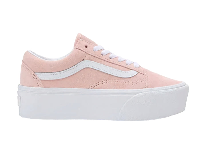 Tenis VANS Old Skool Stackform en color rosa chintz con suela de plataforma blanca.