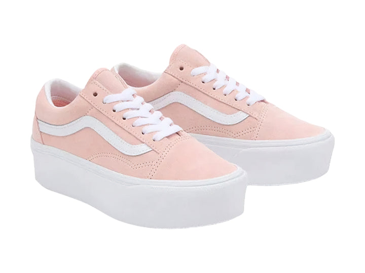 Tenis VANS Old Skool Stackform en color rosa chintz con suela de plataforma blanca.