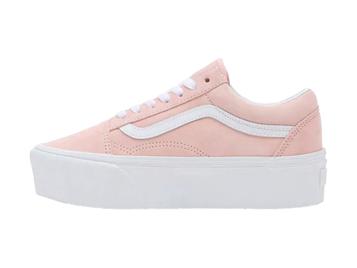 Tenis VANS Old Skool Stackform en color rosa chintz con suela de plataforma blanca.
