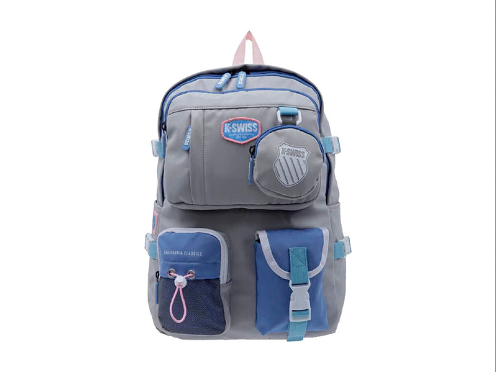 Mochila K-Swiss color gris claro con detalles en azul y rosa, ideal para uso escolar juvenil.