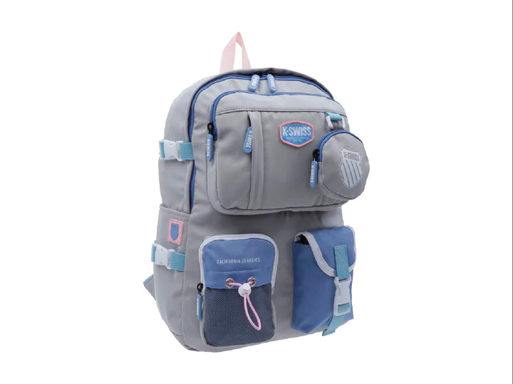 Mochila K-Swiss color gris claro con detalles en azul y rosa, ideal para uso escolar juvenil.