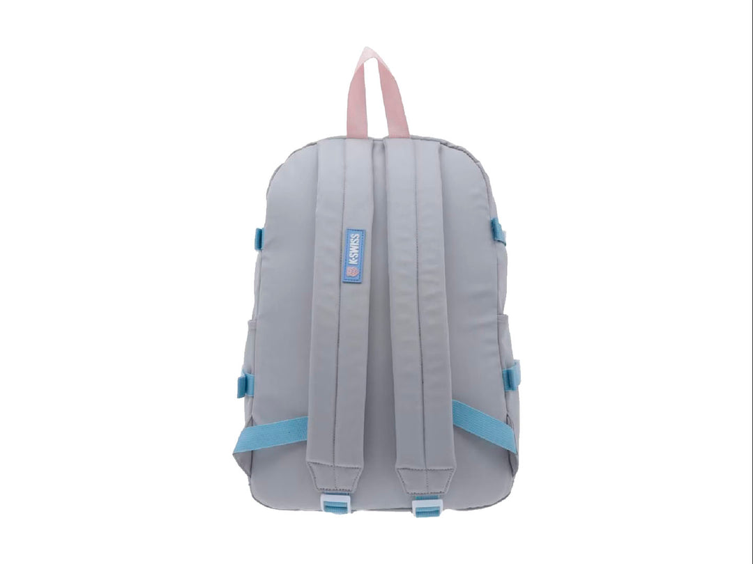 Mochila K-Swiss color gris claro con detalles en azul y rosa, ideal para uso escolar juvenil.
