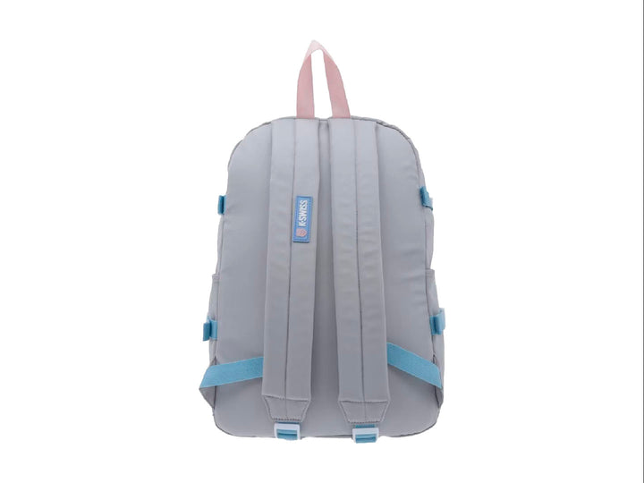 Mochila K-Swiss color gris claro con detalles en azul y rosa, ideal para uso escolar juvenil.