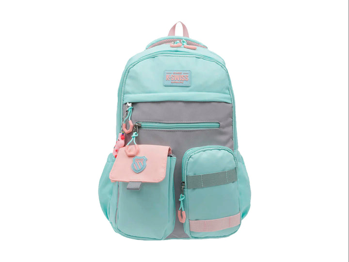 Mochila escolar K-Swiss color aqua y gris con detalles en salmon y múltiples bolsillos.