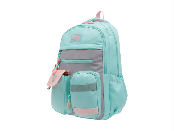 Mochila escolar K-Swiss color aqua y gris con detalles en salmon y múltiples bolsillos.