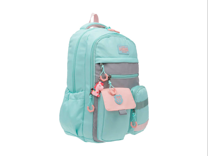Mochila escolar K-Swiss color aqua y gris con detalles en salmon y múltiples bolsillos.