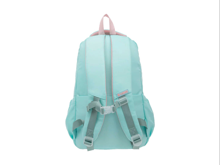 Mochila escolar K-Swiss color aqua y gris con detalles en salmon y múltiples bolsillos.