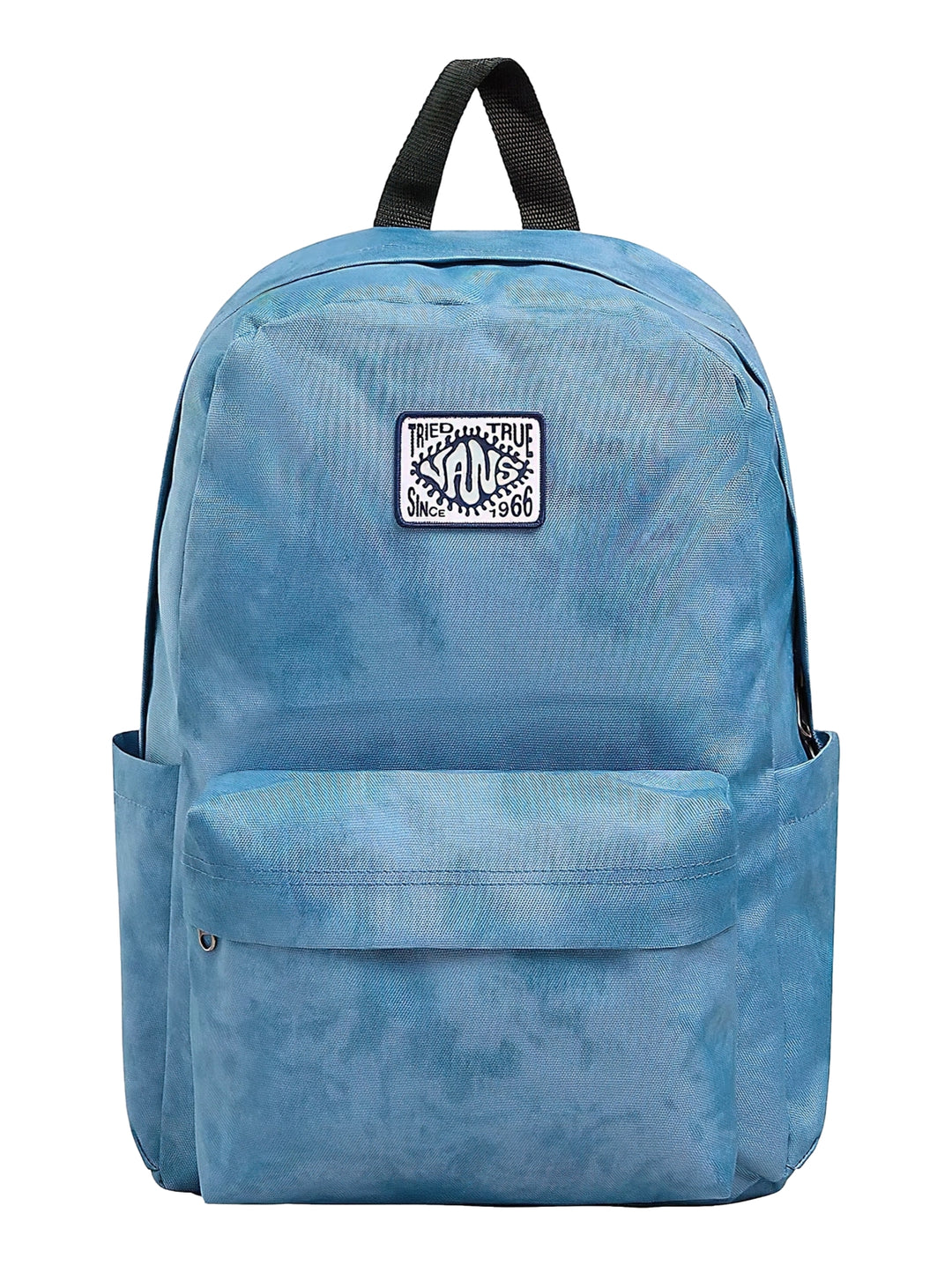 Mochila escolar VANS color azul Copen Blue con bolsillo frontal y asa superior negra.