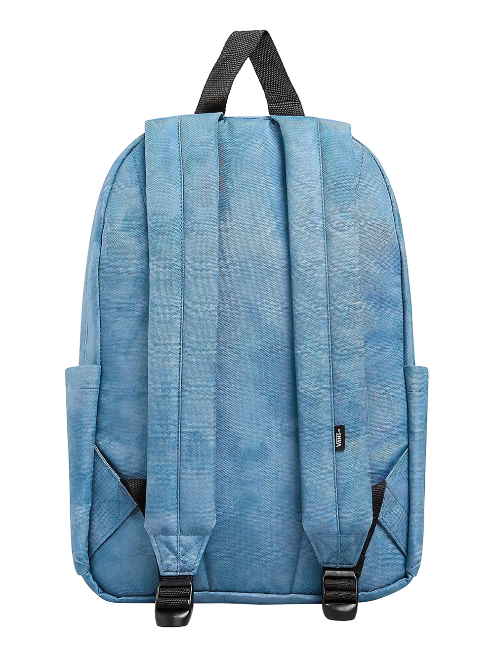 Mochila escolar VANS color azul Copen Blue con bolsillo frontal y asa superior negra.