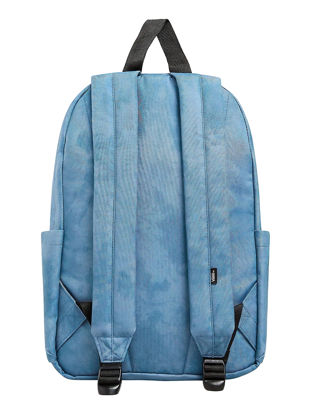 Mochila escolar VANS color azul Copen Blue con bolsillo frontal y asa superior negra.