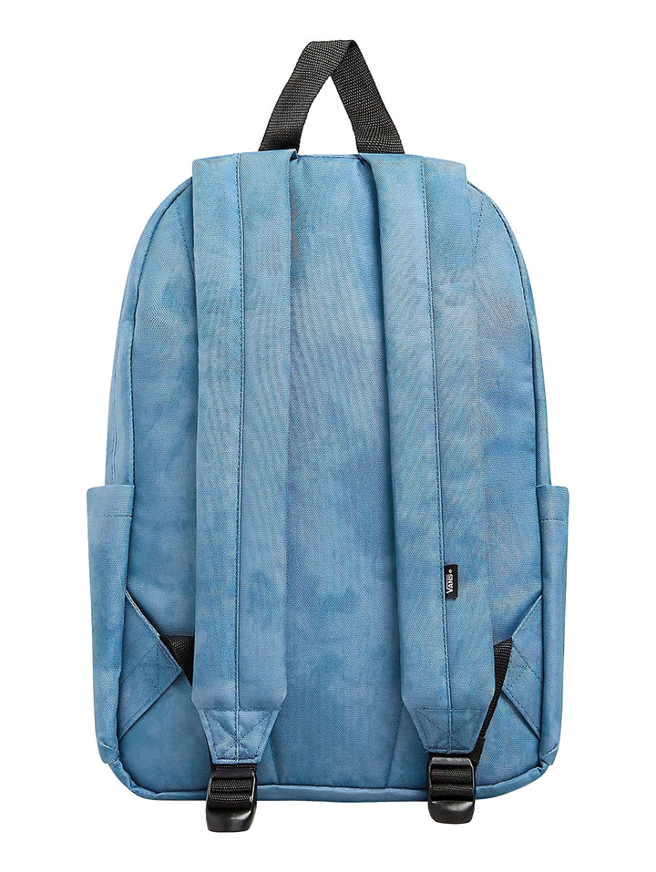 Mochila escolar VANS color azul Copen Blue con bolsillo frontal y asa superior negra.