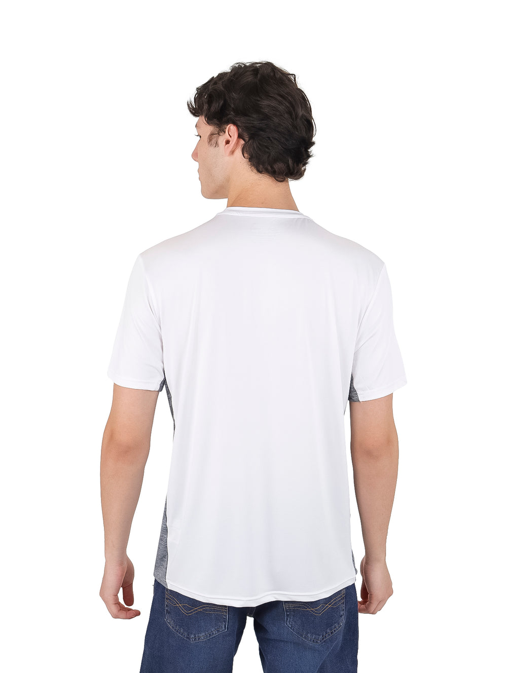 Playera deportiva blanca con paneles laterales en color gris carbón y cuello redondo.