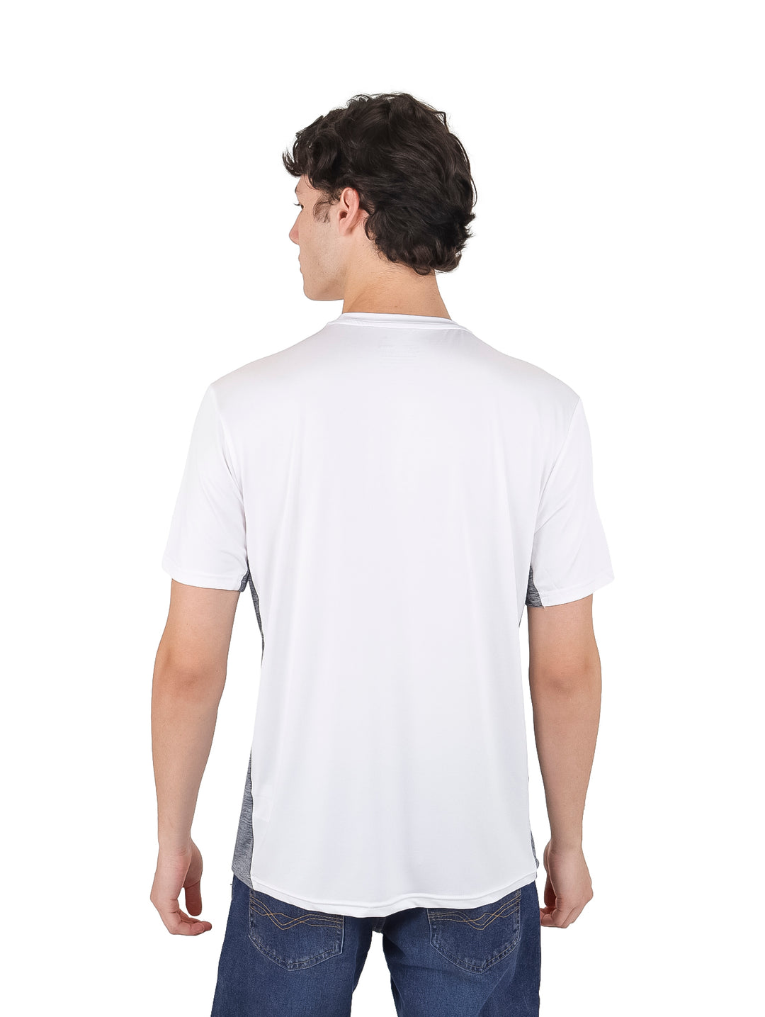 Playera deportiva blanca con paneles laterales en color gris carbón y cuello redondo.