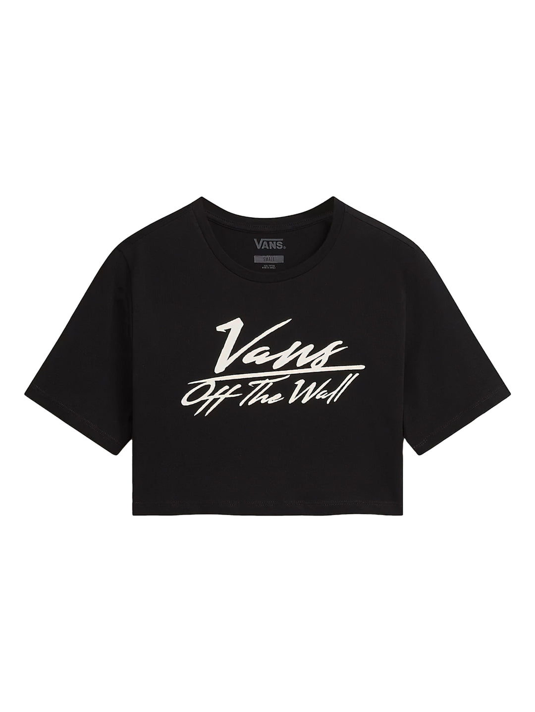 Camiseta crop top negra de marca Vans con logotipo blanco en el pecho.