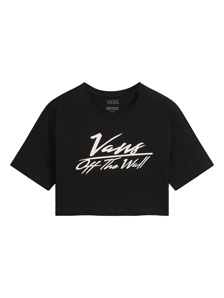 Camiseta crop top negra de marca Vans con logotipo blanco en el pecho.
