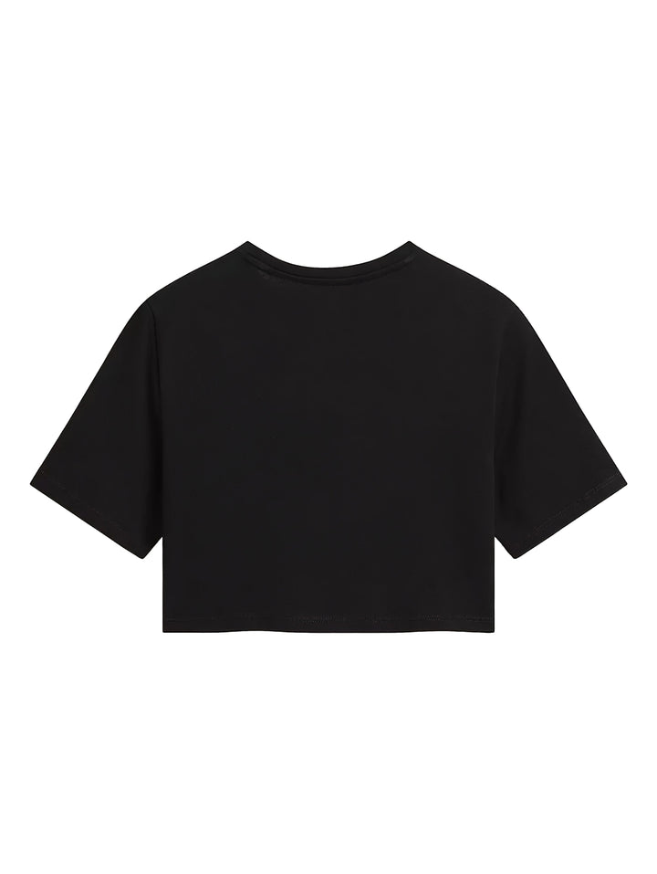 Camiseta crop top negra de marca Vans con logotipo blanco en el pecho.