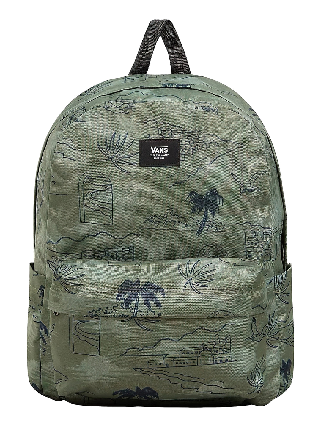Mochila escolar Vans color verde olivina con estampado de paisaje y palmeras en azul oscuro.
