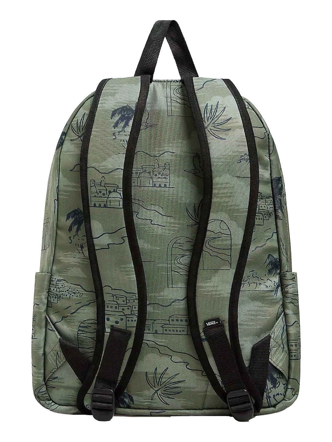 Mochila escolar Vans color verde olivina con estampado de paisaje y palmeras en azul oscuro.