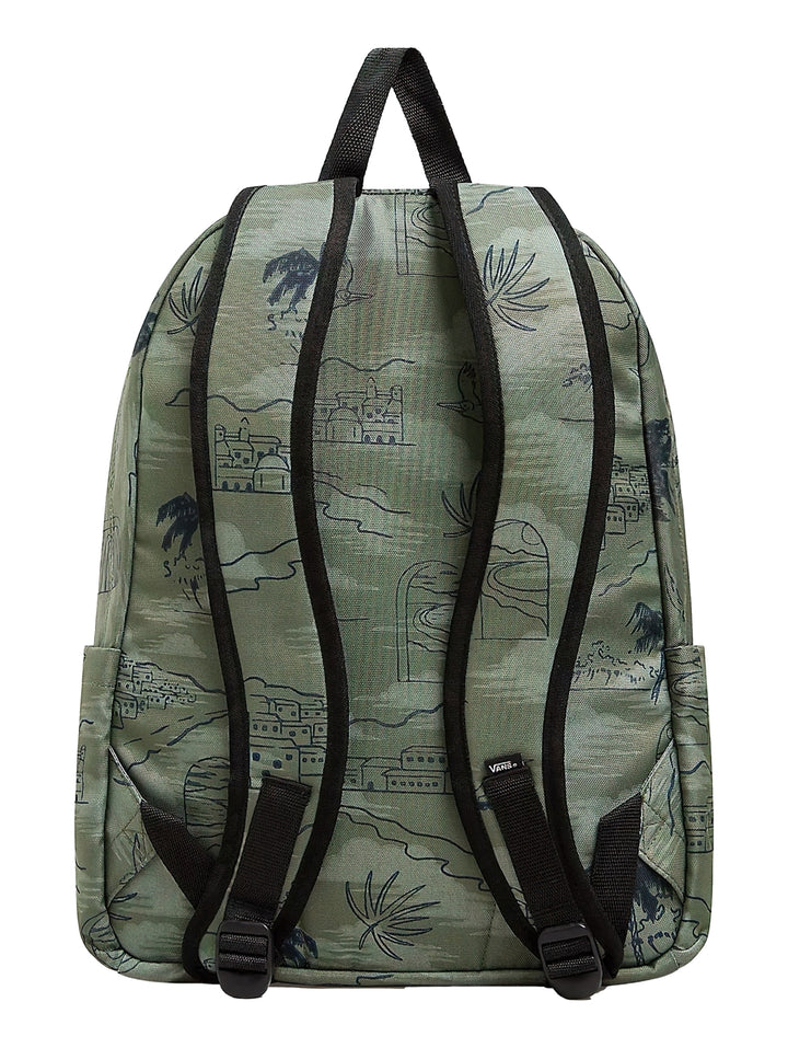 Mochila escolar Vans color verde olivina con estampado de paisaje y palmeras en azul oscuro.