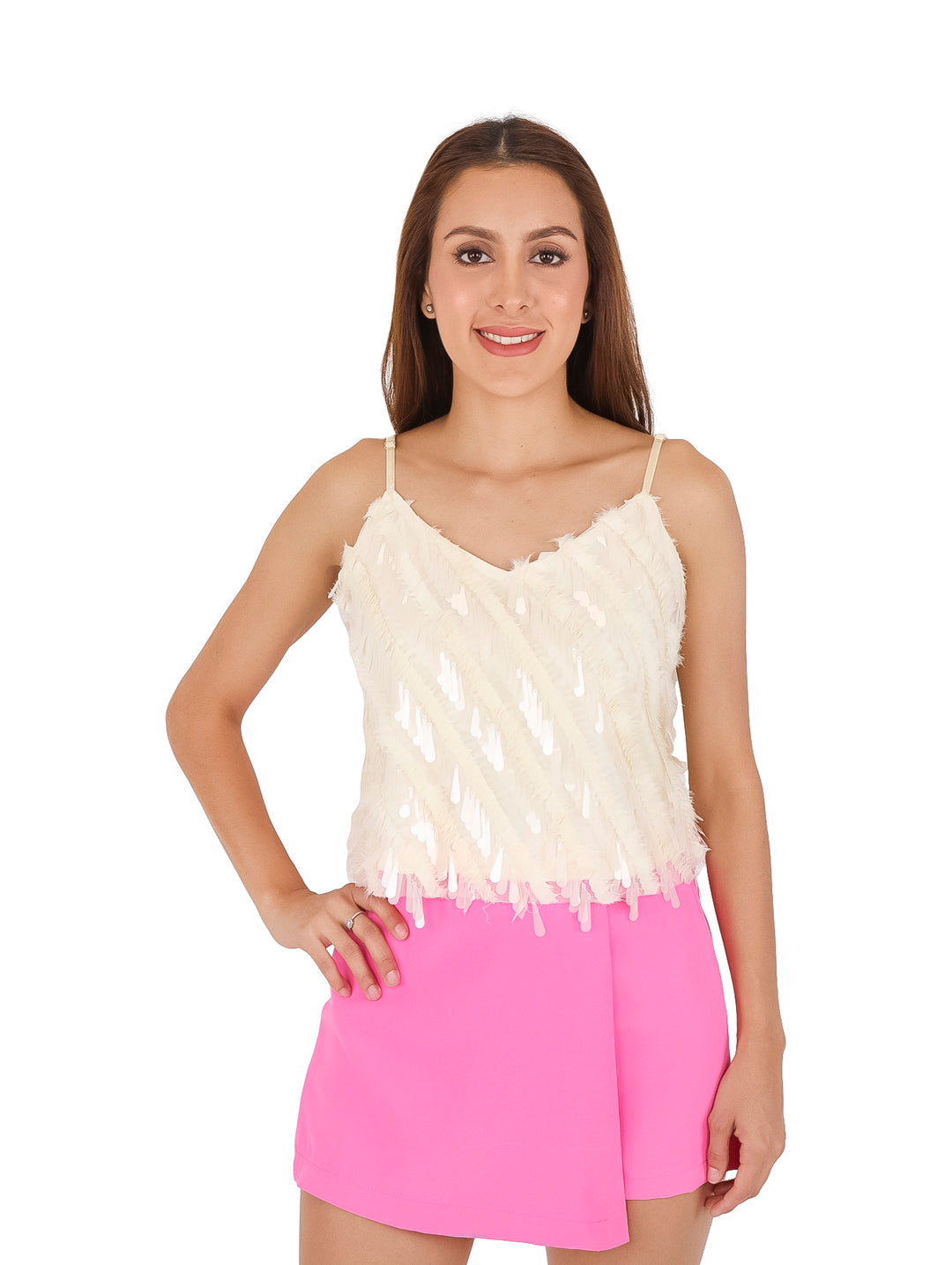Top HS de Tirantes Beige con Plumas para Mujer