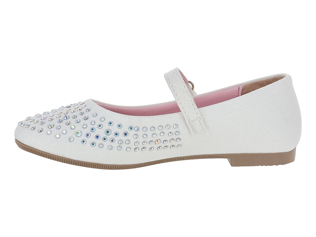 Zapato plano blanco para niña con incrustaciones de brillantes y correa ajustable.