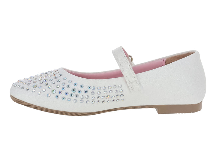 Zapato plano blanco para niña con incrustaciones de brillantes y correa ajustable.