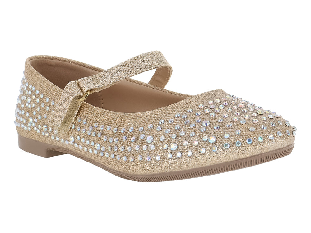 Zapato plano dorado para niña con correa y adornos de brillantes.