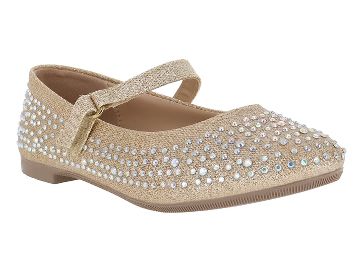 Zapato plano dorado para niña con correa y adornos de brillantes.