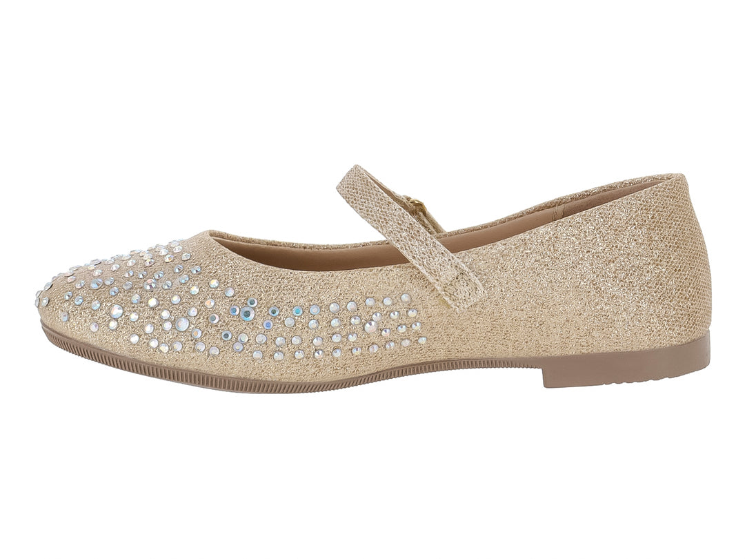 Zapato plano dorado para niña con correa y adornos de brillantes.