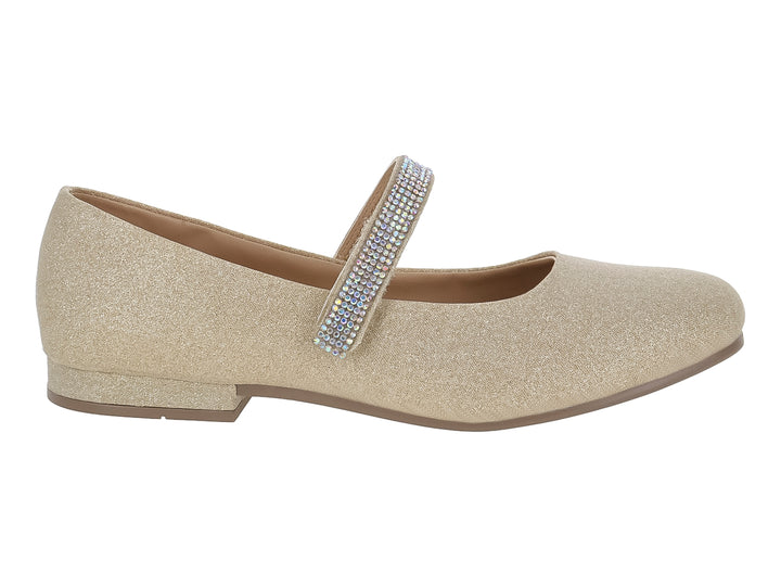 Zapato plano color oro con acabado brillante y correa decorada con cristales para niña.