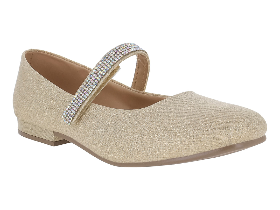 Zapato plano color oro con acabado brillante y correa decorada con cristales para niña.