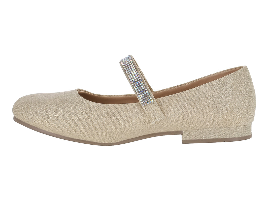 Zapato plano color oro con acabado brillante y correa decorada con cristales para niña.