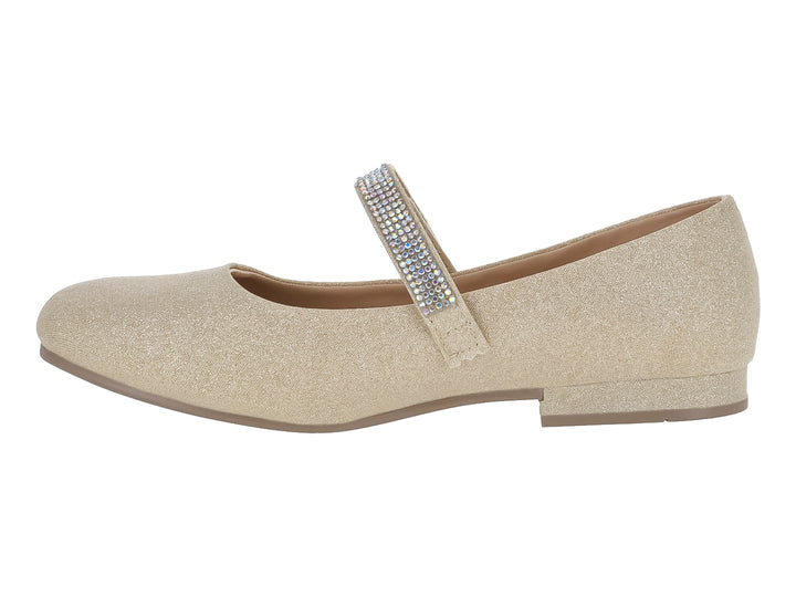 Zapato plano color oro con acabado brillante y correa decorada con cristales para niña.